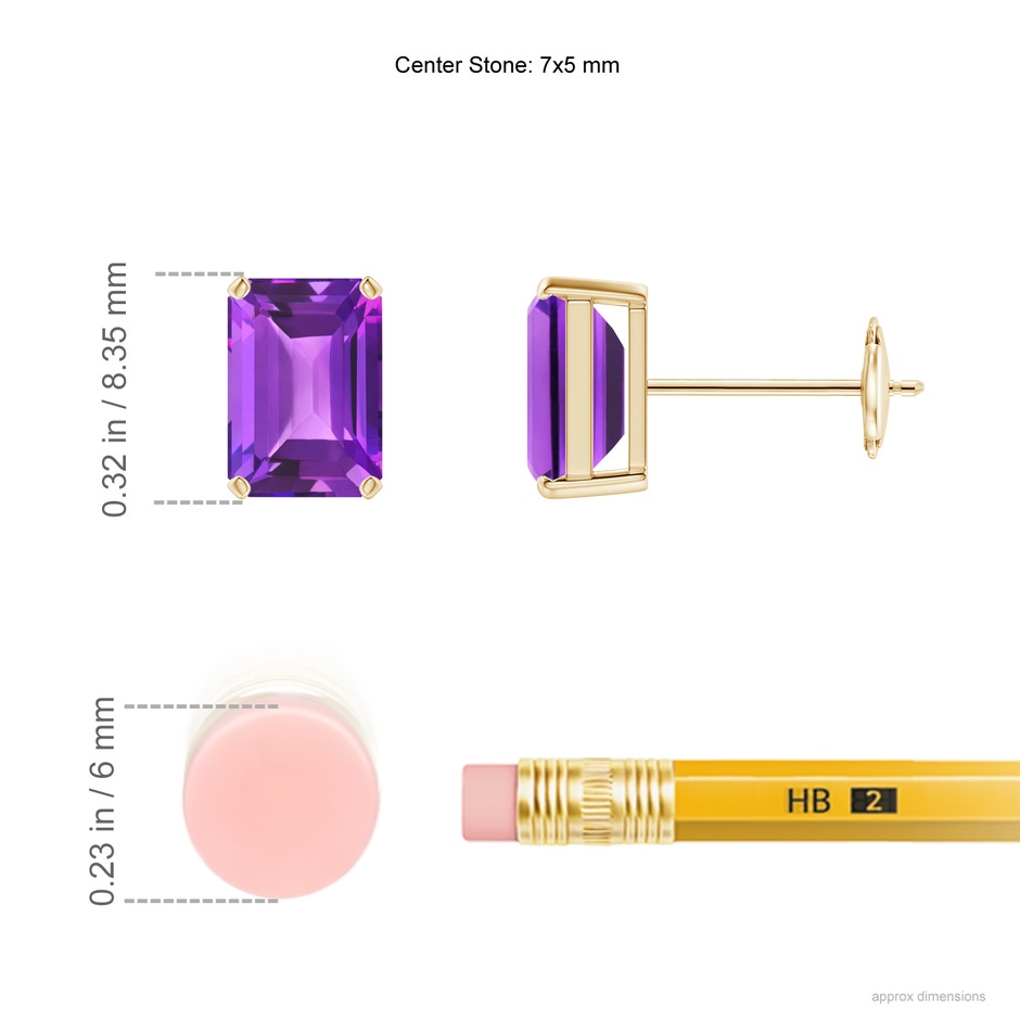 7x5mm AAA Prong-Set Emerald-Cut Amethyst Solitaire Stud Earrings in Yellow Gold ruler