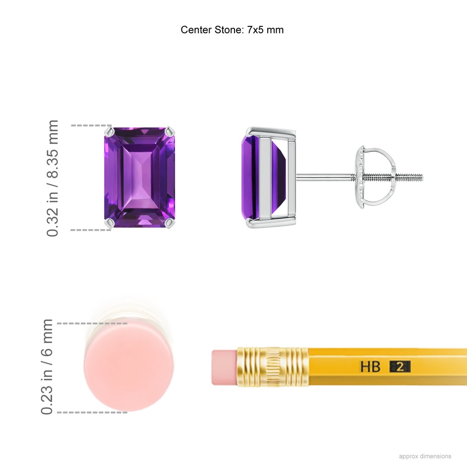 7x5mm AAAA Prong-Set Emerald-Cut Amethyst Solitaire Stud Earrings in P950 Platinum ruler