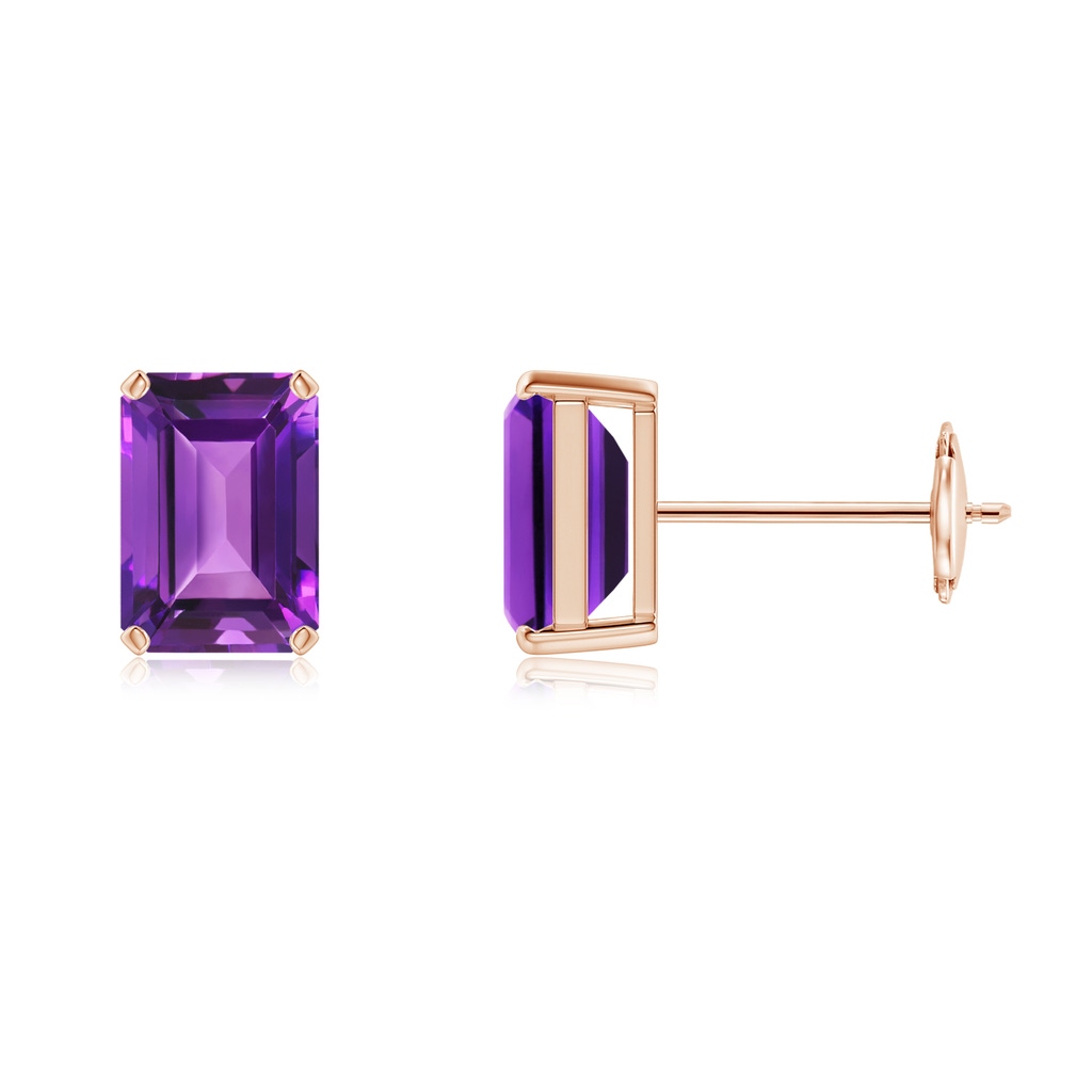 7x5mm AAAA Prong-Set Emerald-Cut Amethyst Solitaire Stud Earrings in Rose Gold