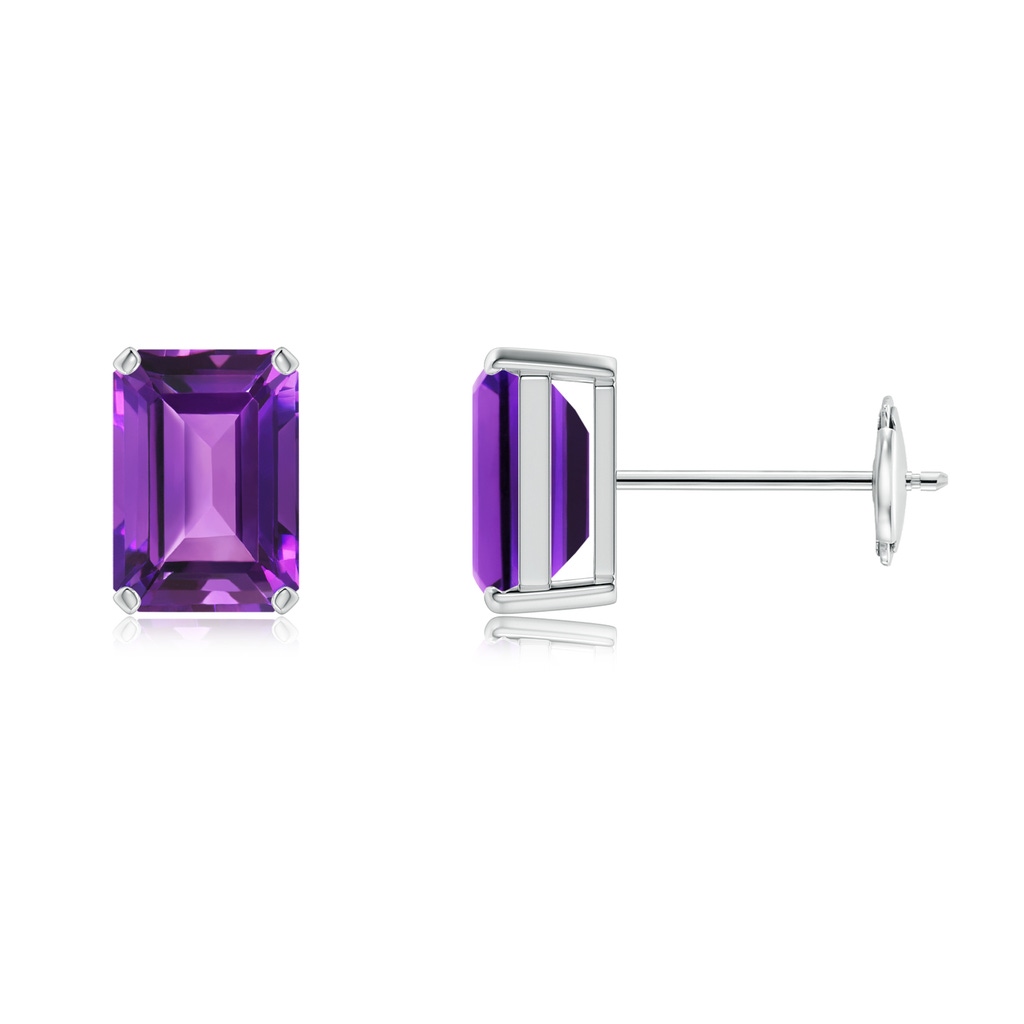 7x5mm AAAA Prong-Set Emerald-Cut Amethyst Solitaire Stud Earrings in White Gold