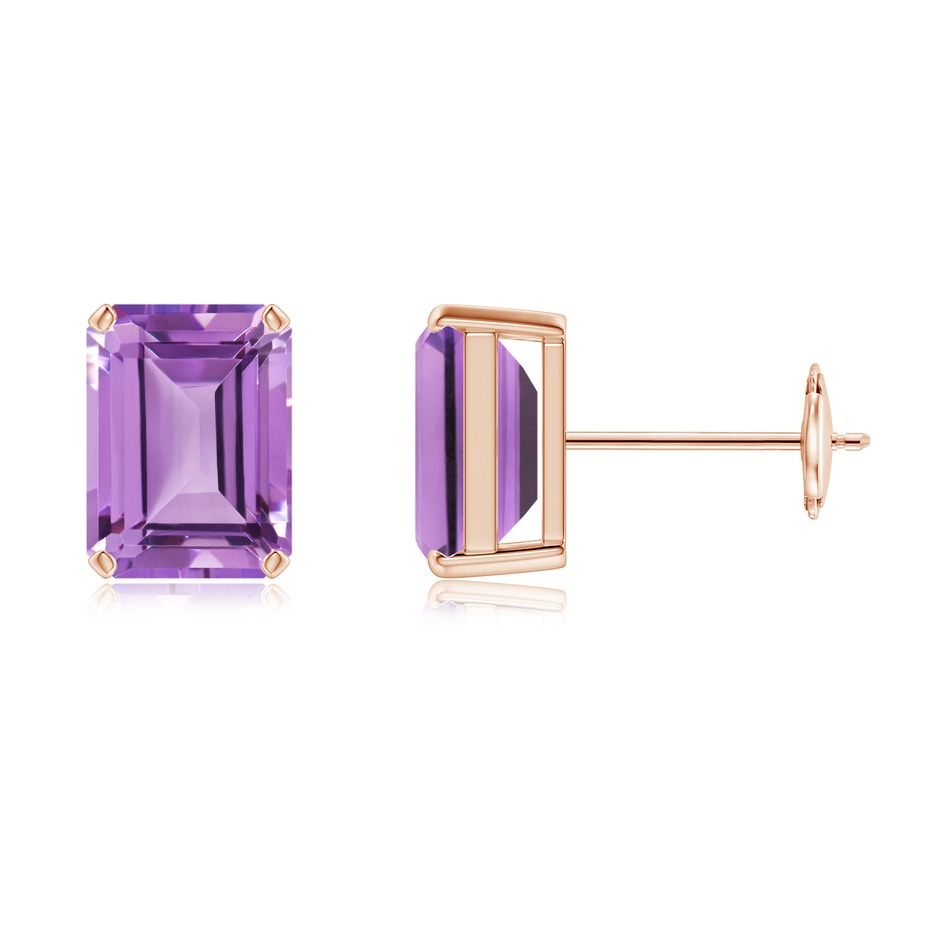 8x6mm A Prong-Set Emerald-Cut Amethyst Solitaire Stud Earrings in Rose Gold 