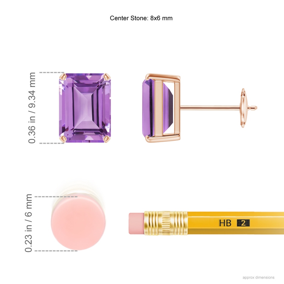 8x6mm A Prong-Set Emerald-Cut Amethyst Solitaire Stud Earrings in Rose Gold ruler