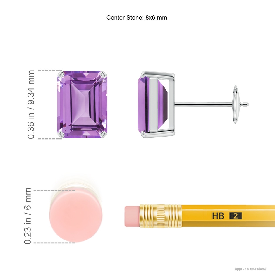 8x6mm A Prong-Set Emerald-Cut Amethyst Solitaire Stud Earrings in White Gold ruler