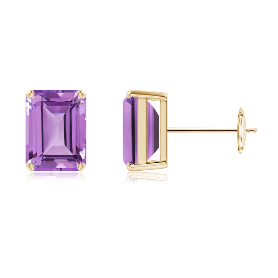 8x6mm A Prong-Set Emerald-Cut Amethyst Solitaire Stud Earrings in Yellow Gold 