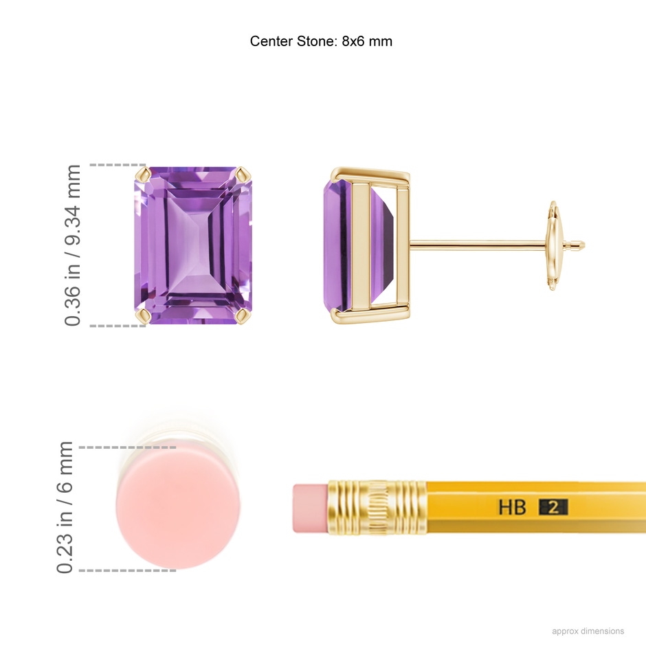 8x6mm A Prong-Set Emerald-Cut Amethyst Solitaire Stud Earrings in Yellow Gold ruler