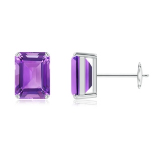 8x6mm AA Prong-Set Emerald-Cut Amethyst Solitaire Stud Earrings in White Gold