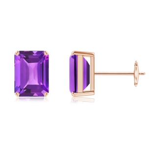 8x6mm AAA Prong-Set Emerald-Cut Amethyst Solitaire Stud Earrings in Rose Gold
