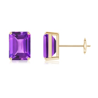 8x6mm AAA Prong-Set Emerald-Cut Amethyst Solitaire Stud Earrings in Yellow Gold