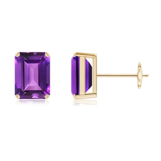 8x6mm AAAA Prong-Set Emerald-Cut Amethyst Solitaire Stud Earrings in Yellow Gold