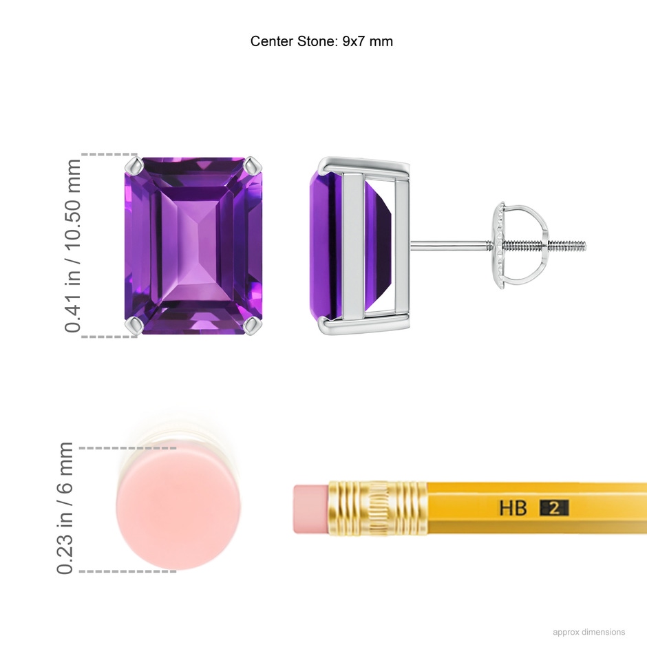 9x7mm AAAA Prong-Set Emerald-Cut Amethyst Solitaire Stud Earrings in P950 Platinum ruler