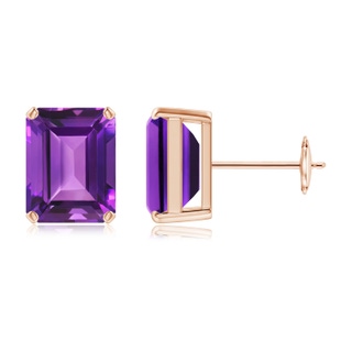 9x7mm AAAA Prong-Set Emerald-Cut Amethyst Solitaire Stud Earrings in Rose Gold