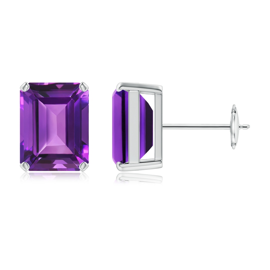 9x7mm AAAA Prong-Set Emerald-Cut Amethyst Solitaire Stud Earrings in White Gold
