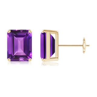 9x7mm AAAA Prong-Set Emerald-Cut Amethyst Solitaire Stud Earrings in Yellow Gold