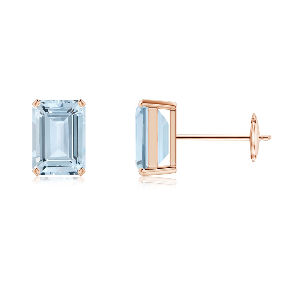 7x5mm A Prong-Set Emerald-Cut Aquamarine Solitaire Stud Earrings in Rose Gold 