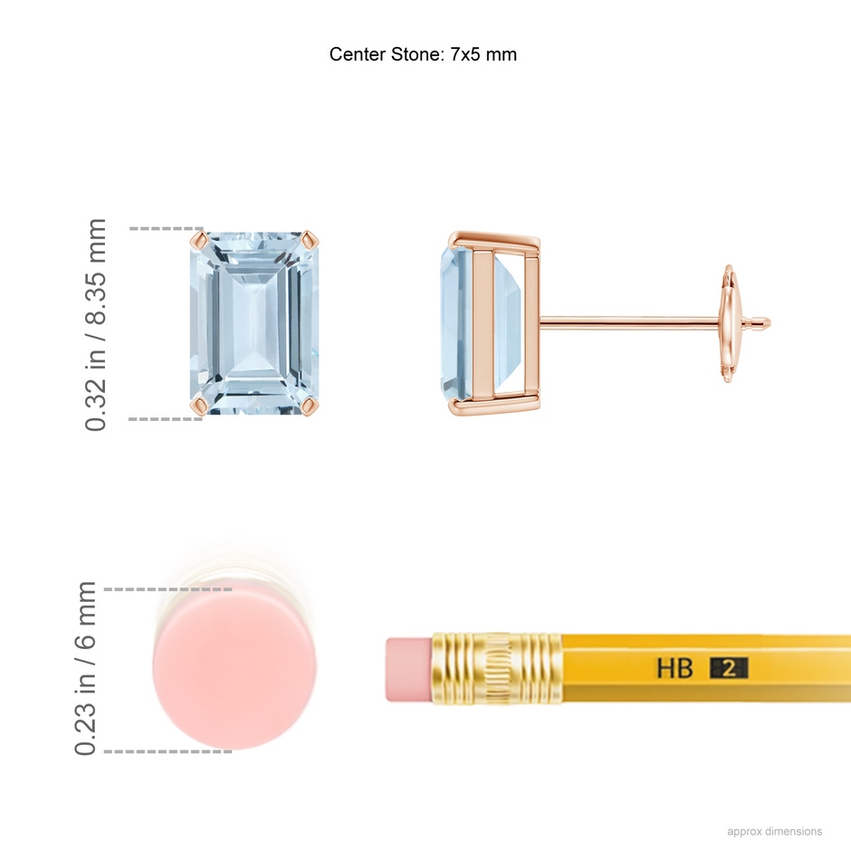 7x5mm A Prong-Set Emerald-Cut Aquamarine Solitaire Stud Earrings in Rose Gold ruler