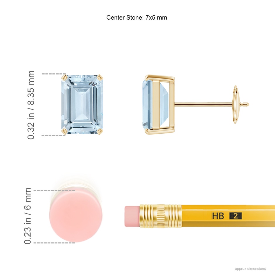 7x5mm A Prong-Set Emerald-Cut Aquamarine Solitaire Stud Earrings in Yellow Gold ruler