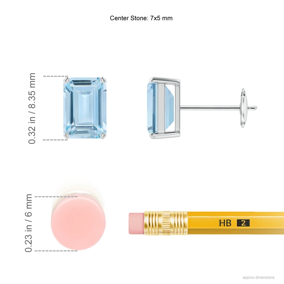 7x5mm AA Prong-Set Emerald-Cut Aquamarine Solitaire Stud Earrings in 10K White Gold ruler