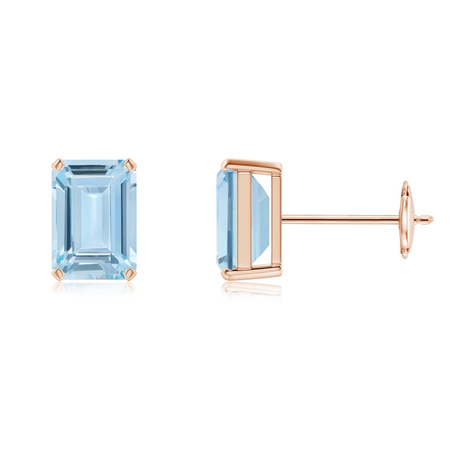 7x5mm AA Prong-Set Emerald-Cut Aquamarine Solitaire Stud Earrings in 9K Rose Gold 
