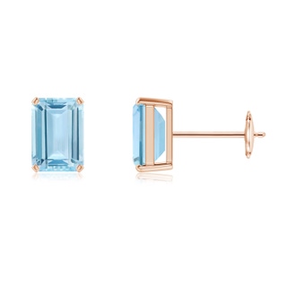 7x5mm AAA Prong-Set Emerald-Cut Aquamarine Solitaire Stud Earrings in 9K Rose Gold