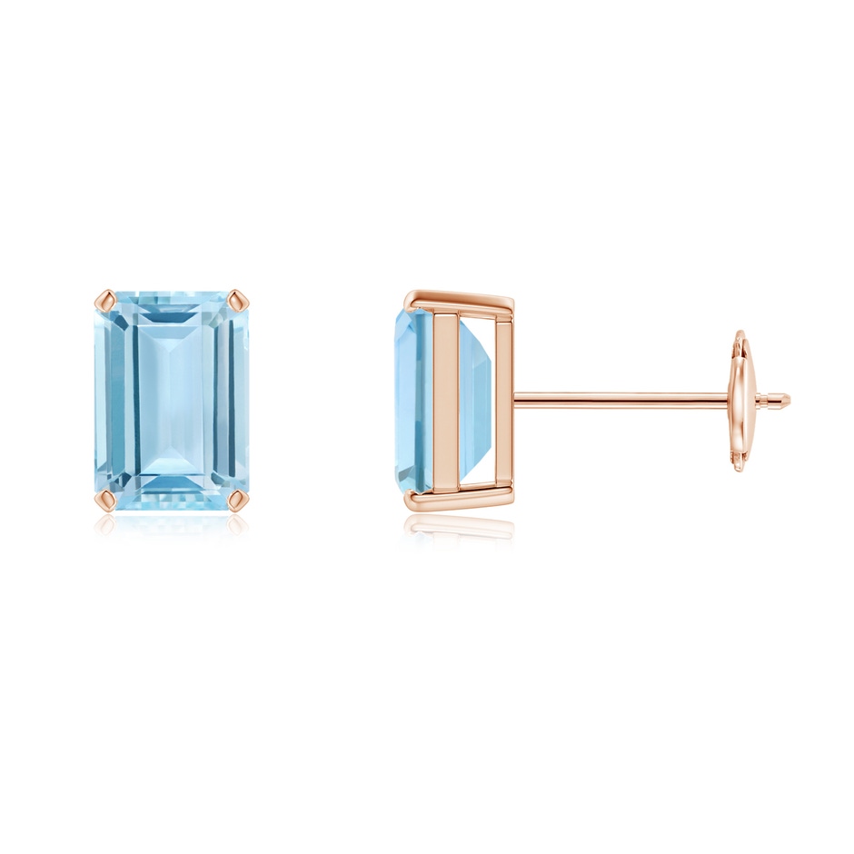 7x5mm AAA Prong-Set Emerald-Cut Aquamarine Solitaire Stud Earrings in Rose Gold 