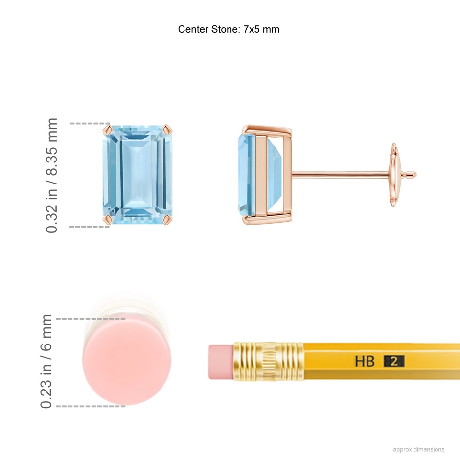 7x5mm AAA Prong-Set Emerald-Cut Aquamarine Solitaire Stud Earrings in Rose Gold ruler