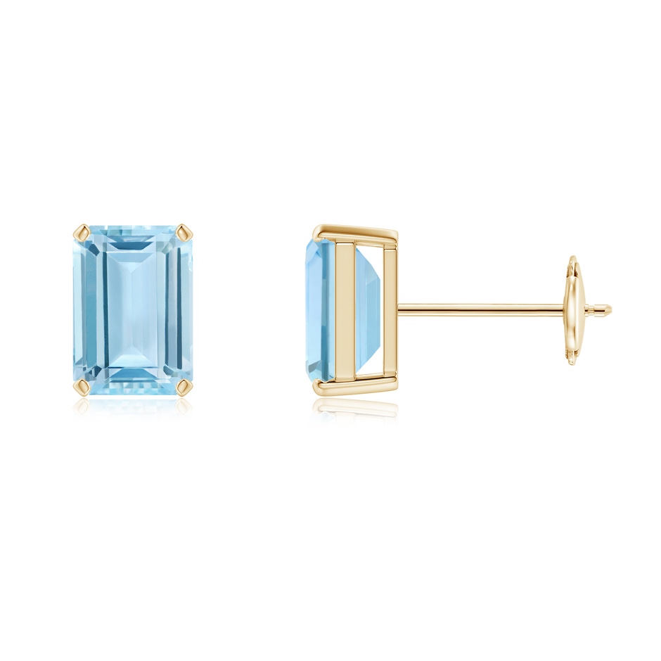 7x5mm AAA Prong-Set Emerald-Cut Aquamarine Solitaire Stud Earrings in Yellow Gold 