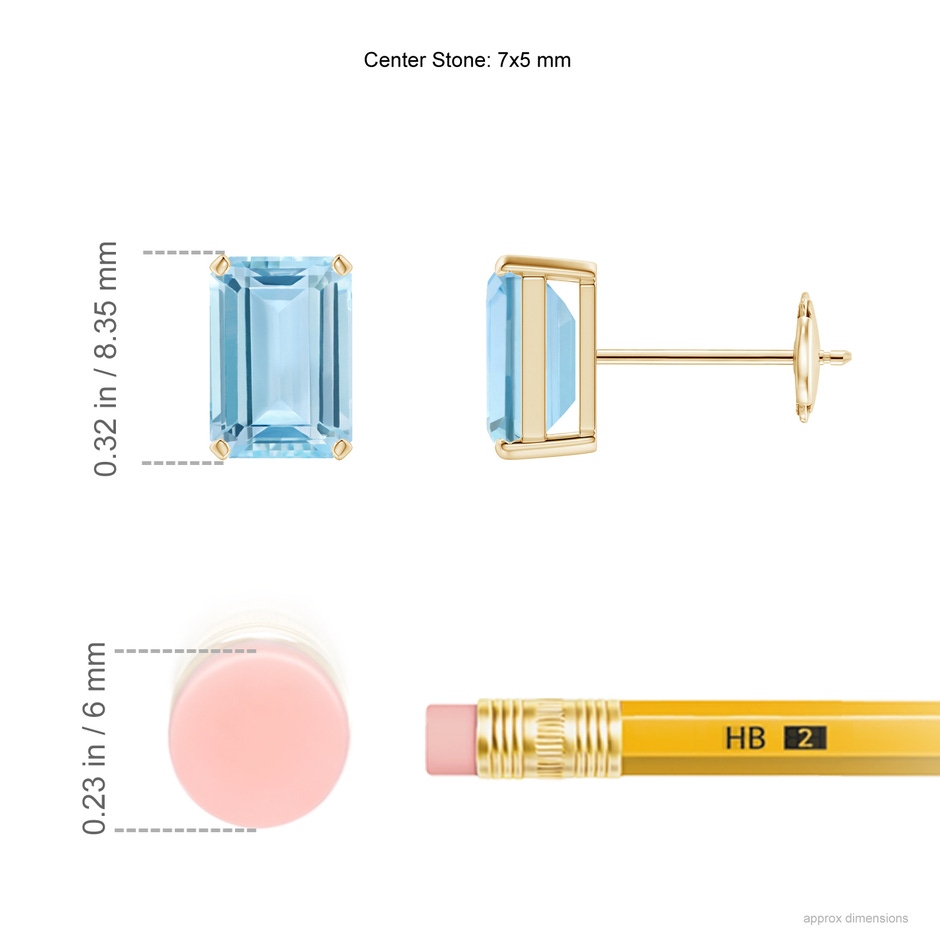 7x5mm AAA Prong-Set Emerald-Cut Aquamarine Solitaire Stud Earrings in Yellow Gold ruler