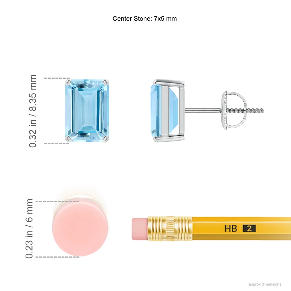 7x5mm AAAA Prong-Set Emerald-Cut Aquamarine Solitaire Stud Earrings in P950 Platinum ruler