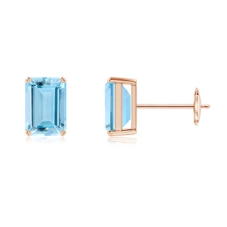 7x5mm AAAA Prong-Set Emerald-Cut Aquamarine Solitaire Stud Earrings in Rose Gold