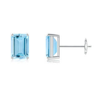 7x5mm AAAA Prong-Set Emerald-Cut Aquamarine Solitaire Stud Earrings in White Gold