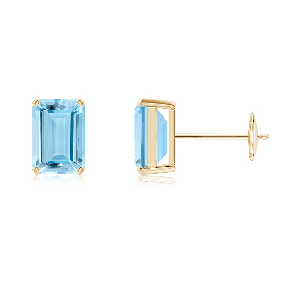 7x5mm AAAA Prong-Set Emerald-Cut Aquamarine Solitaire Stud Earrings in Yellow Gold 
