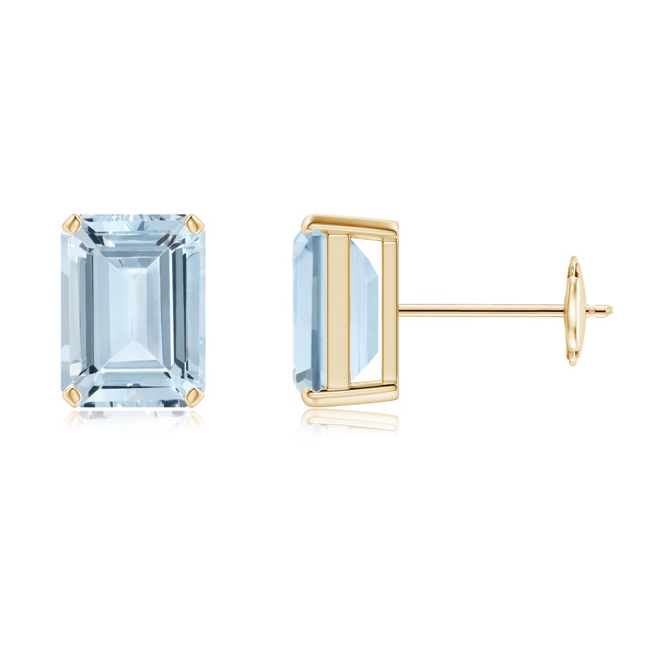 8x6mm A Prong-Set Emerald-Cut Aquamarine Solitaire Stud Earrings in Yellow Gold 