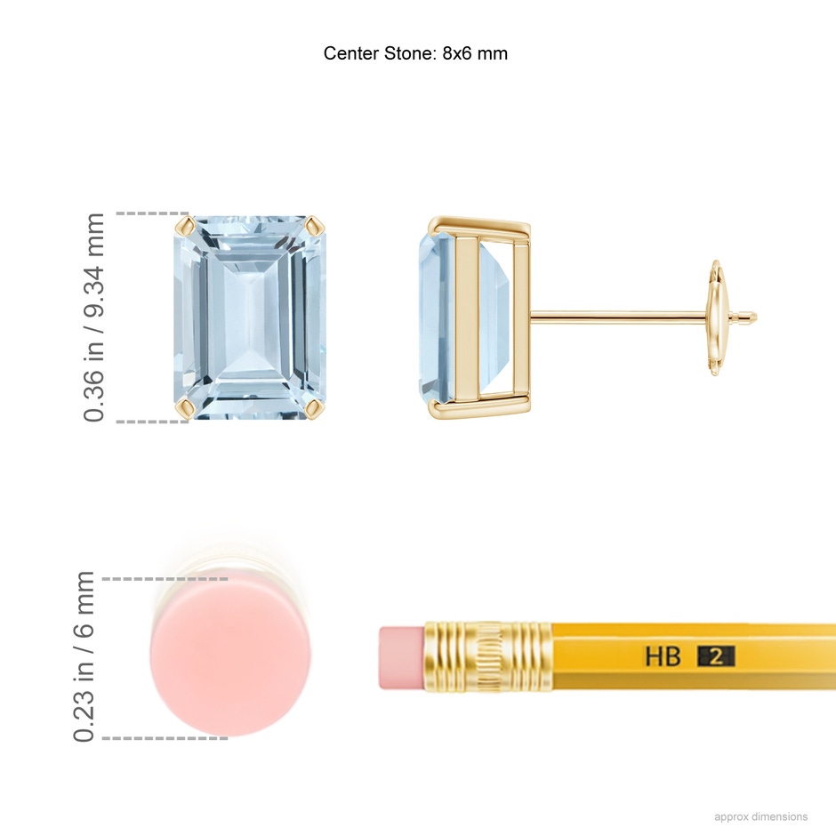 8x6mm A Prong-Set Emerald-Cut Aquamarine Solitaire Stud Earrings in Yellow Gold ruler