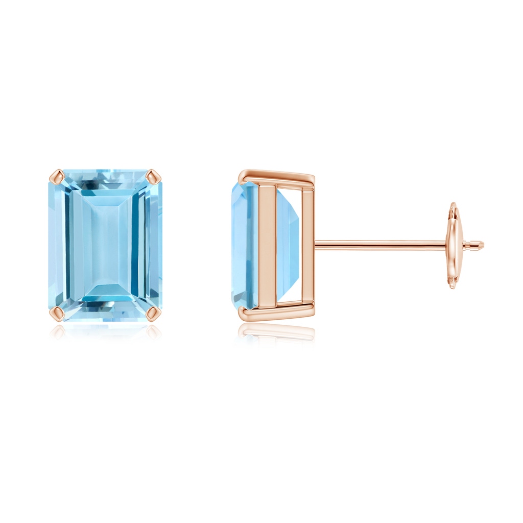 8x6mm AAAA Prong-Set Emerald-Cut Aquamarine Solitaire Stud Earrings in Rose Gold