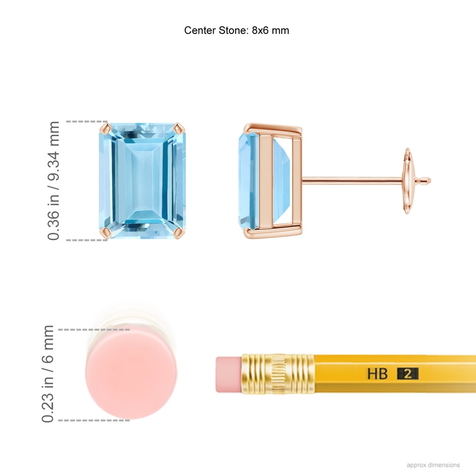 8x6mm AAAA Prong-Set Emerald-Cut Aquamarine Solitaire Stud Earrings in Rose Gold Ruler