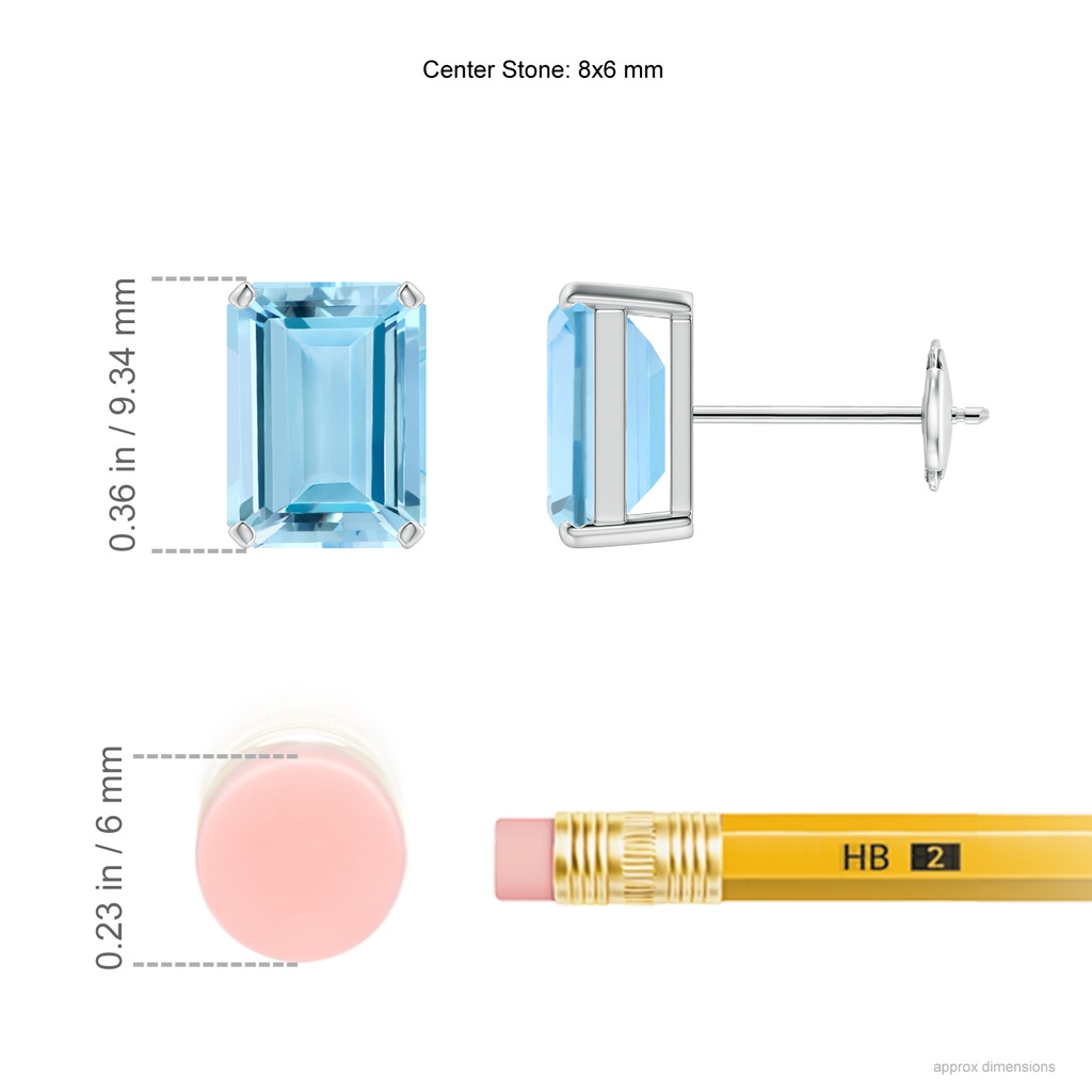 8x6mm AAAA Prong-Set Emerald-Cut Aquamarine Solitaire Stud Earrings in White Gold Ruler