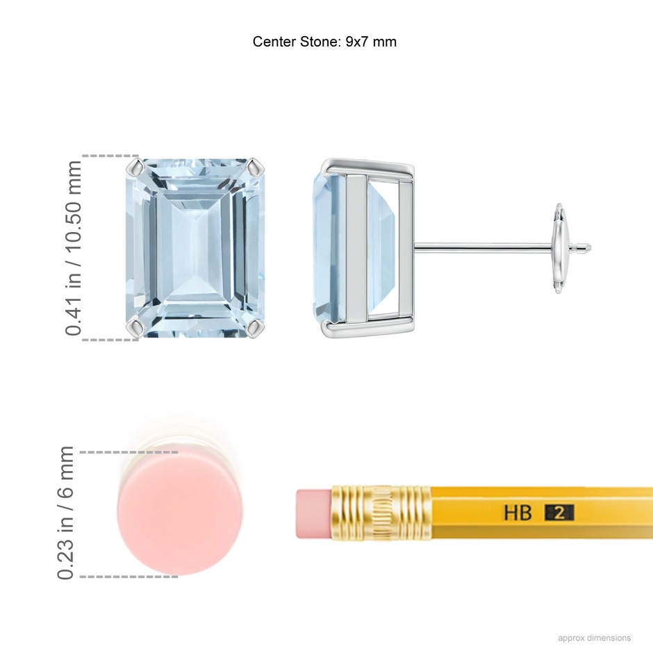9x7mm A Prong-Set Emerald-Cut Aquamarine Solitaire Stud Earrings in White Gold ruler