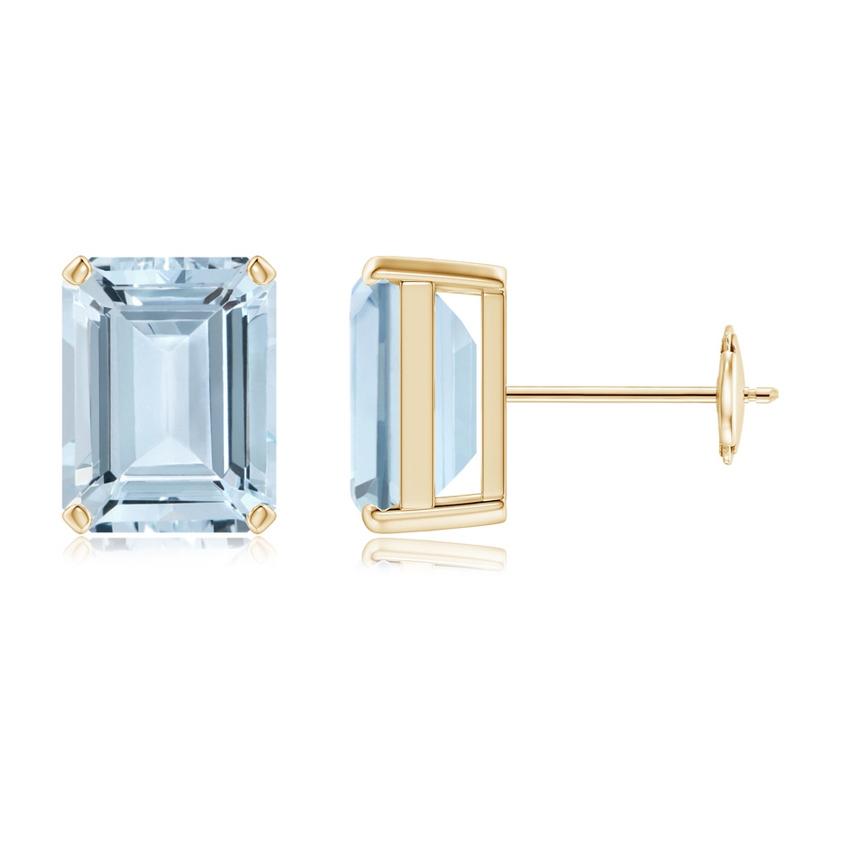 9x7mm A Prong-Set Emerald-Cut Aquamarine Solitaire Stud Earrings in Yellow Gold 