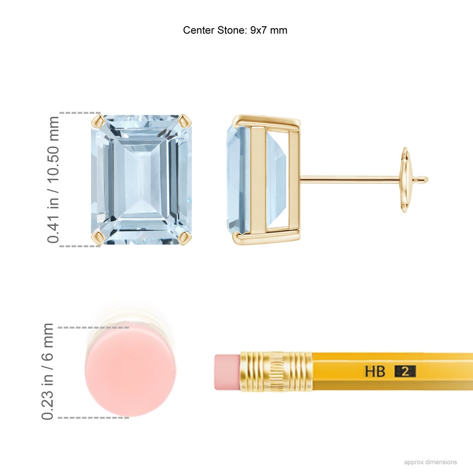 9x7mm A Prong-Set Emerald-Cut Aquamarine Solitaire Stud Earrings in Yellow Gold ruler