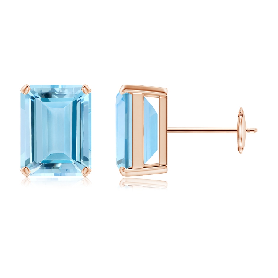 9x7mm AAAA Prong-Set Emerald-Cut Aquamarine Solitaire Stud Earrings in Rose Gold 