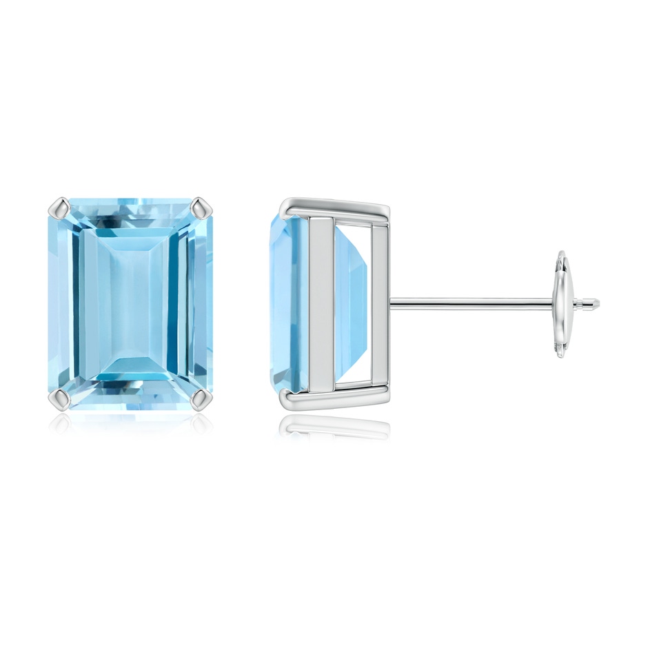 9x7mm AAAA Prong-Set Emerald-Cut Aquamarine Solitaire Stud Earrings in White Gold 