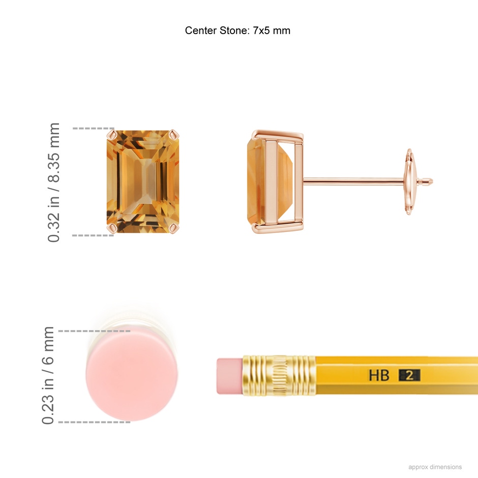 7x5mm A Prong-Set Emerald-Cut Citrine Solitaire Stud Earrings in Rose Gold ruler