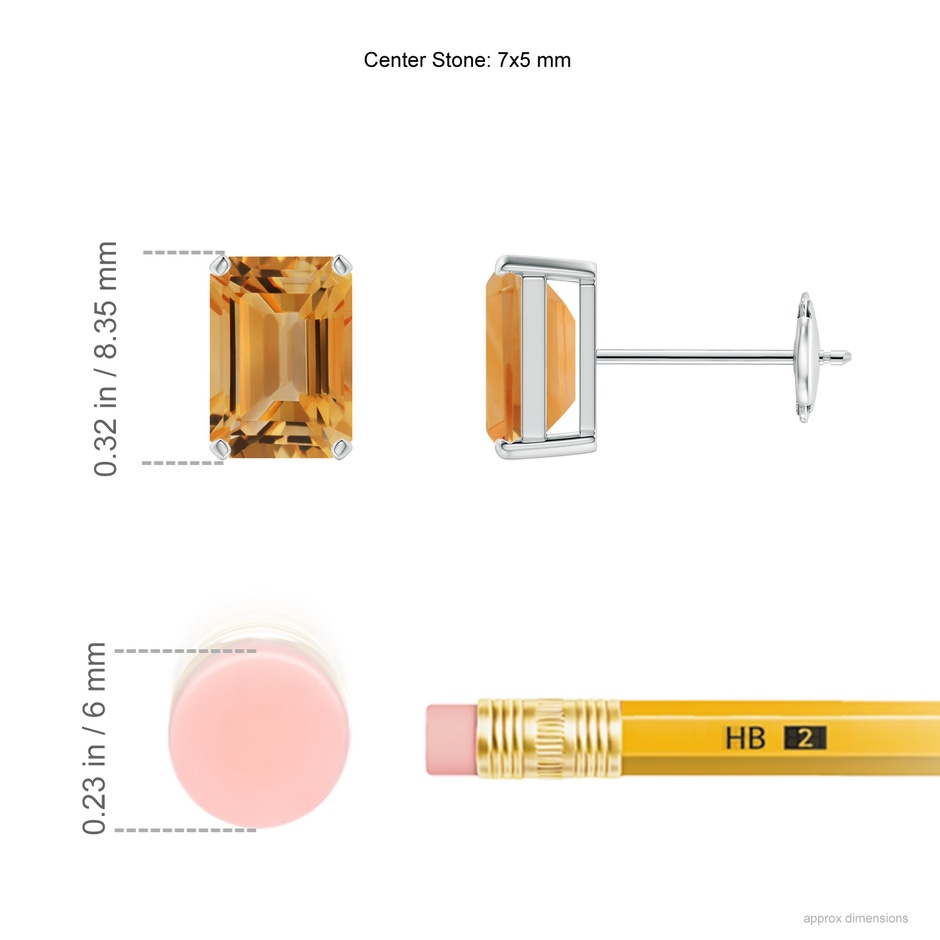 7x5mm A Prong-Set Emerald-Cut Citrine Solitaire Stud Earrings in White Gold ruler