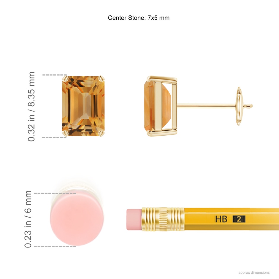 7x5mm A Prong-Set Emerald-Cut Citrine Solitaire Stud Earrings in Yellow Gold ruler