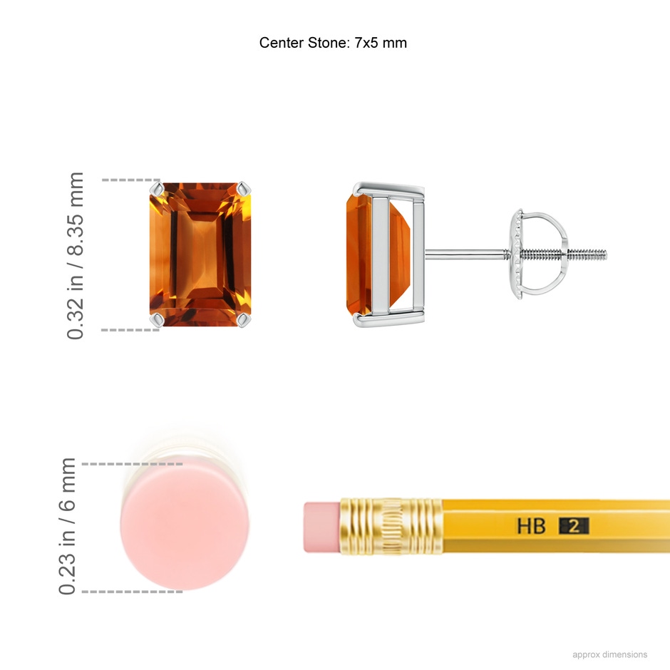 7x5mm AAAA Prong-Set Emerald-Cut Citrine Solitaire Stud Earrings in P950 Platinum ruler
