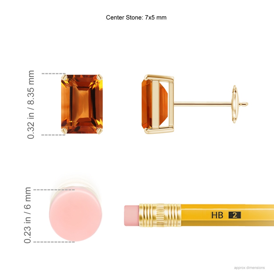 7x5mm AAAA Prong-Set Emerald-Cut Citrine Solitaire Stud Earrings in Yellow Gold ruler