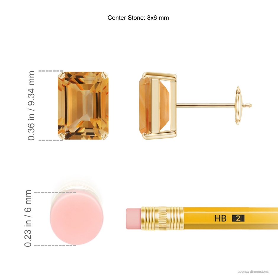 8x6mm A Prong-Set Emerald-Cut Citrine Solitaire Stud Earrings in Yellow Gold ruler