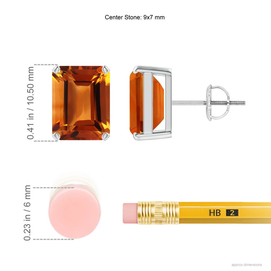 9x7mm AAAA Prong-Set Emerald-Cut Citrine Solitaire Stud Earrings in P950 Platinum ruler