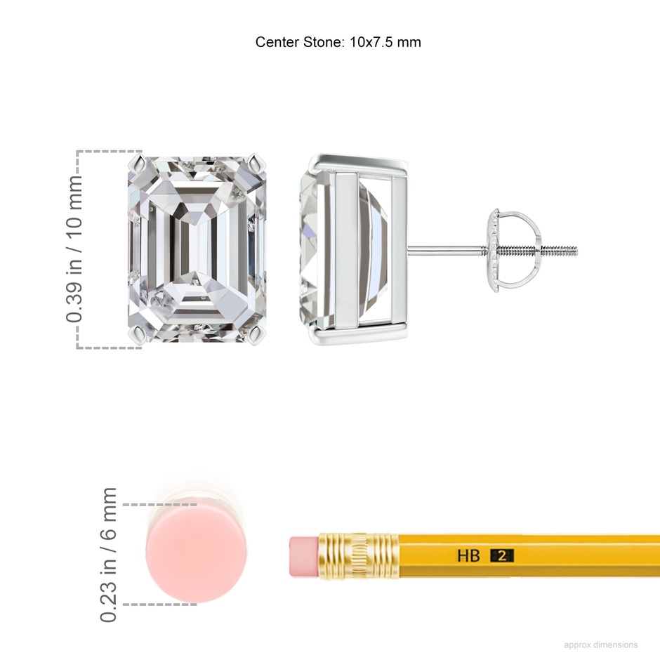 10x7.5mm IJI1I2 Prong-Set Emerald-Cut Diamond Solitaire Stud Earrings in P950 Platinum ruler