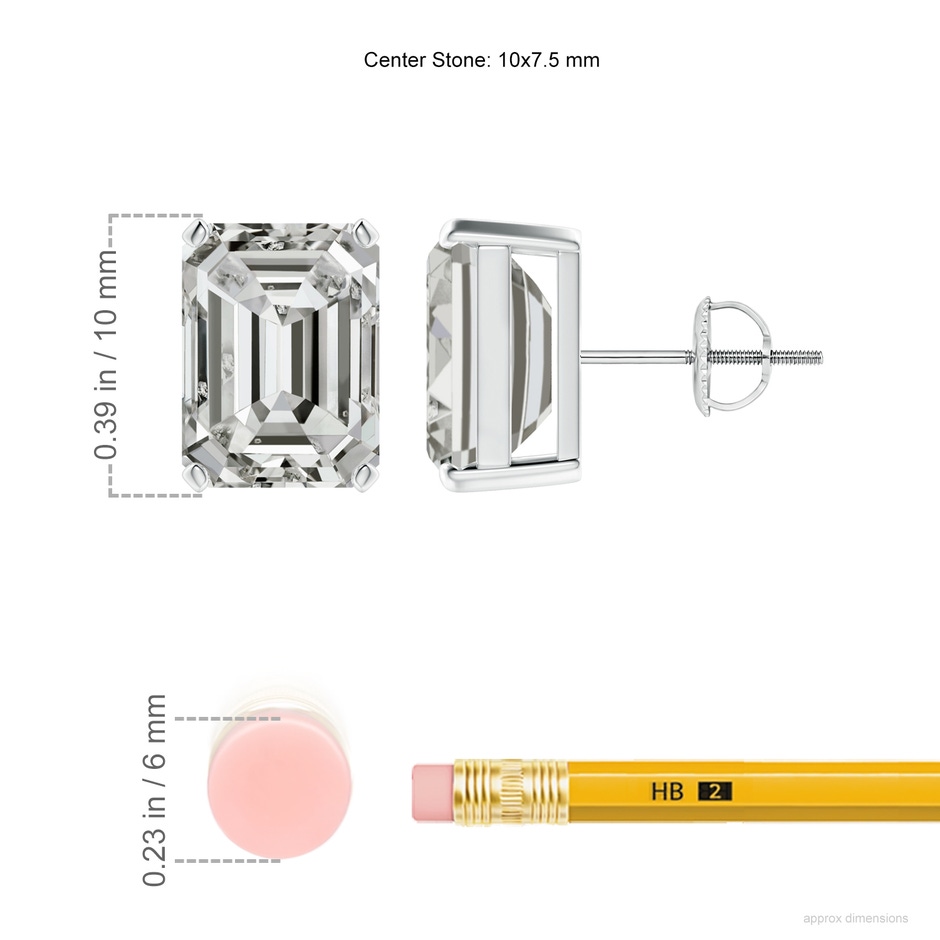 10x7.5mm KI3 Prong-Set Emerald-Cut Diamond Solitaire Stud Earrings in P950 Platinum ruler